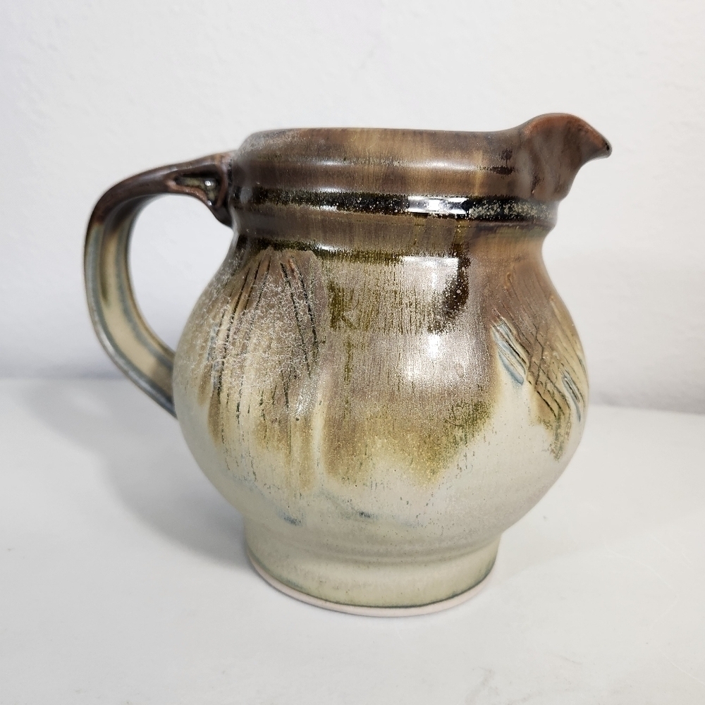 Artisan Studio Handmade Stoneware Pottery Brutalist Signed Pitcher